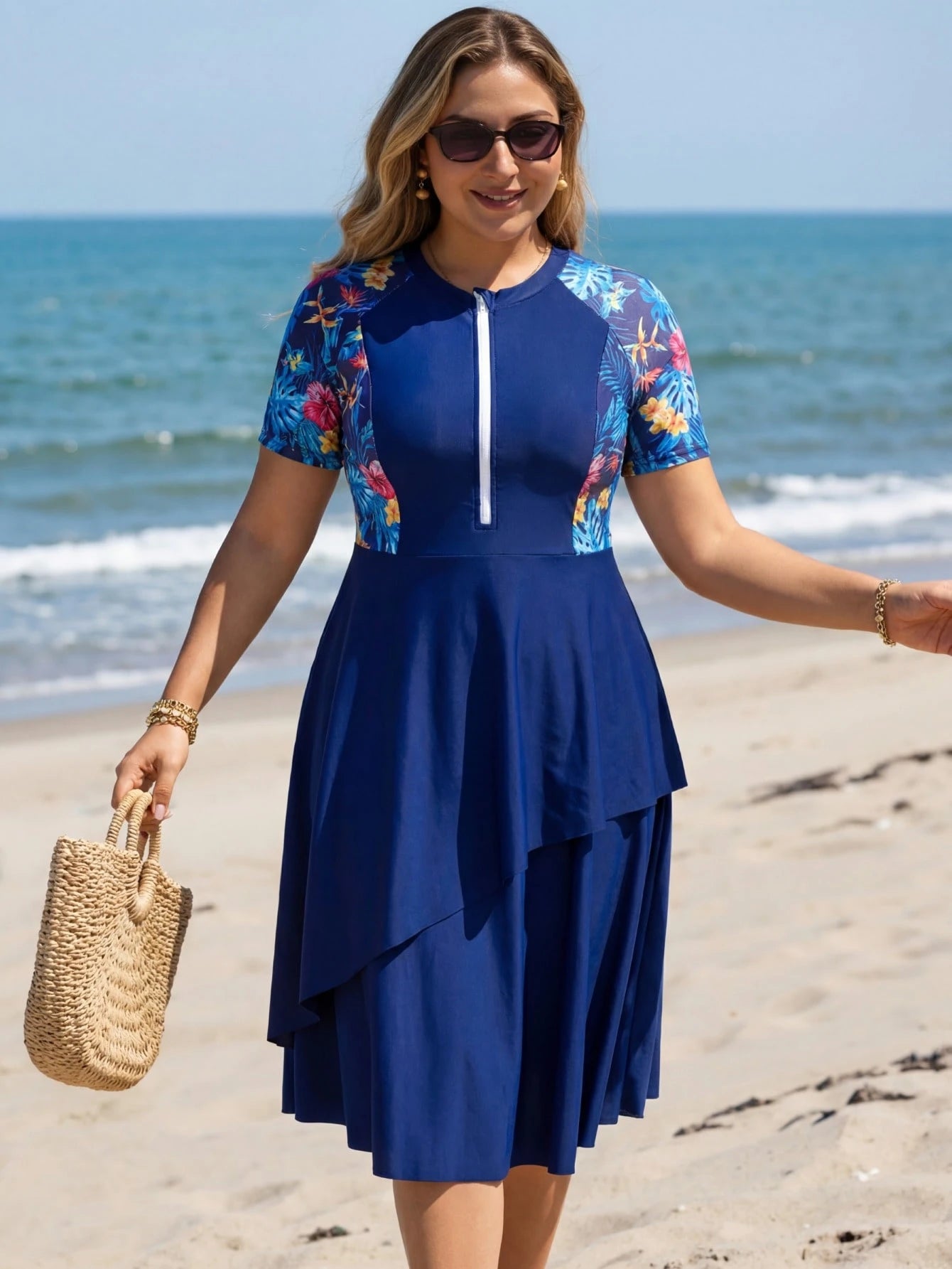 Swim Mulvari Plus Size Women Random Print Long Modest Multi-Tier Skirt Flowy Tummy Concealing Burkini Top