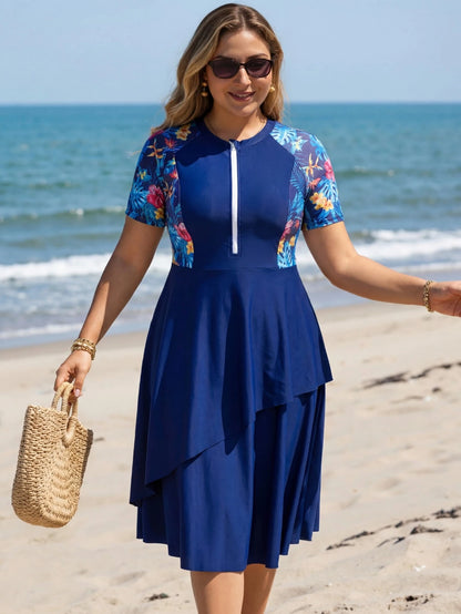 Swim Mulvari Plus Size Women Random Print Long Modest Multi-Tier Skirt Flowy Tummy Concealing Burkini Top