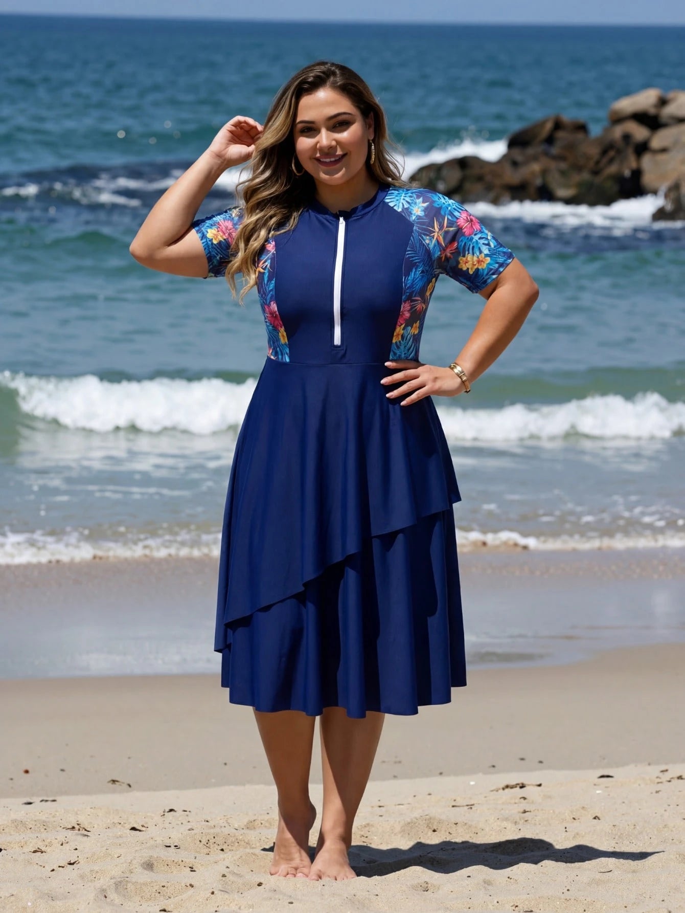 Swim Mulvari Plus Size Women Random Print Long Modest Multi-Tier Skirt Flowy Tummy Concealing Burkini Top