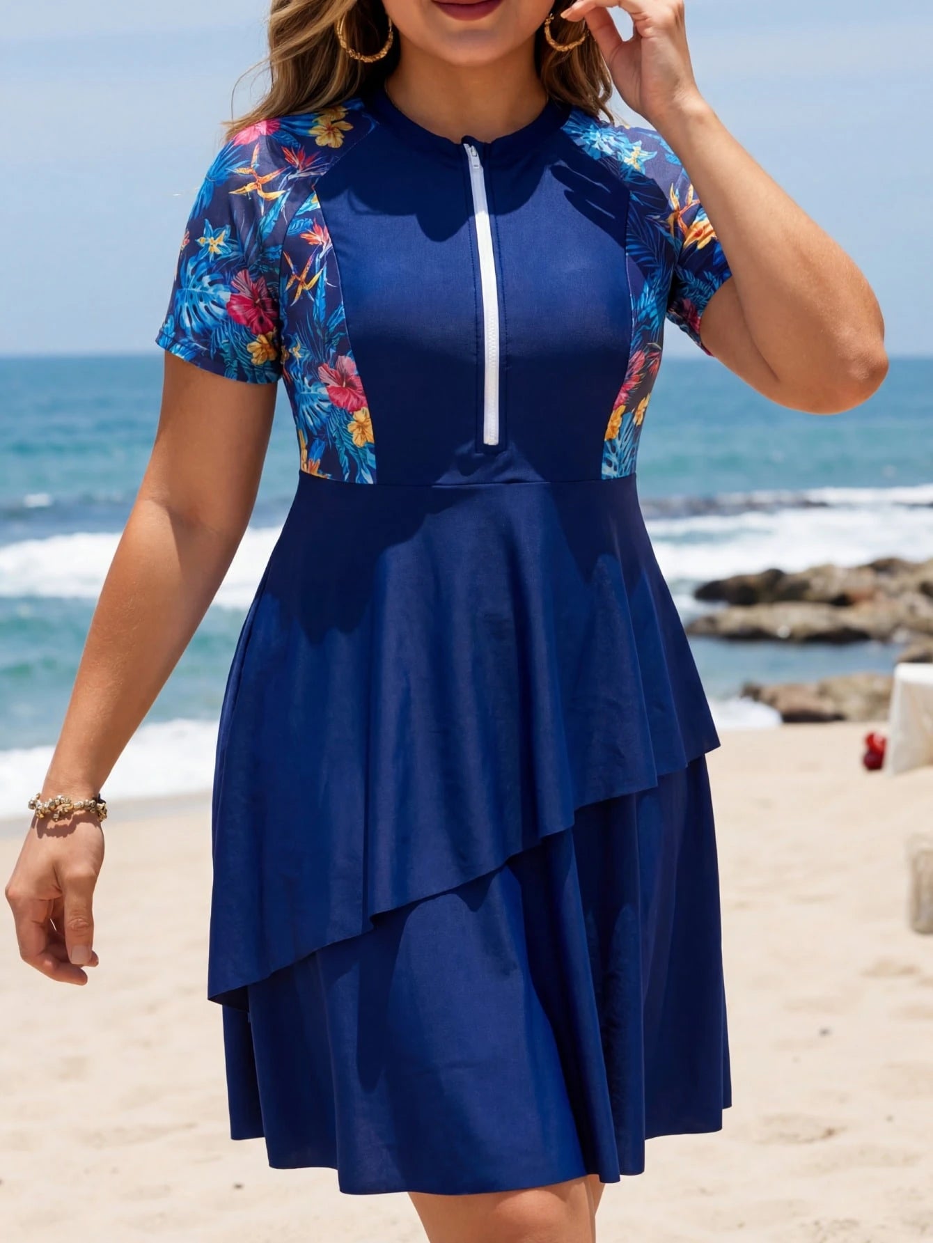 Swim Mulvari Plus Size Women Random Print Long Modest Multi-Tier Skirt Flowy Tummy Concealing Burkini Top