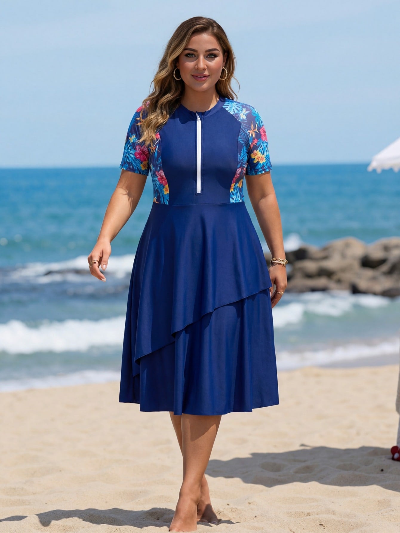 Swim Mulvari Plus Size Women Random Print Long Modest Multi-Tier Skirt Flowy Tummy Concealing Burkini Top