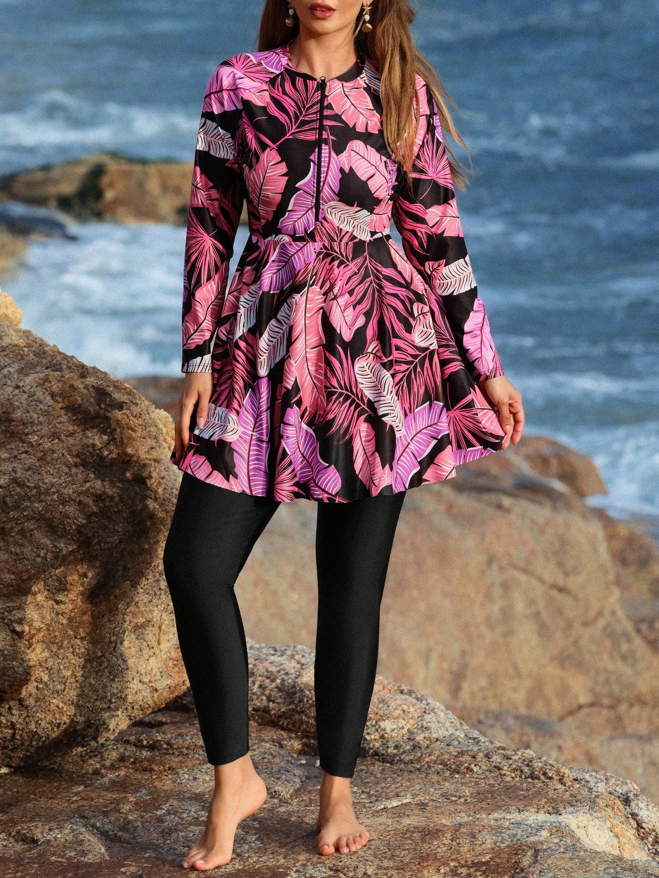 Swim Mulvari Plus Size Women Tropical Print Long Sleeve Half Zip Front Swimwear Top