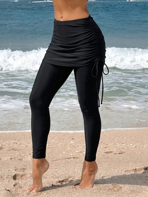 Swim Mulvari Women's Black Drawstring Ruched Swimwear Skirt Leggings, Tight Fitting Two Pieces Swimwear, Slimming Beach Holiday