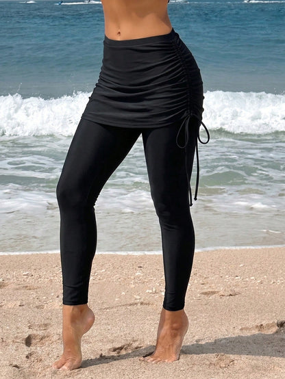 Swim Mulvari Women's Black Drawstring Ruched Swimwear Skirt Leggings, Tight Fitting Two Pieces Swimwear, Slimming Beach Holiday