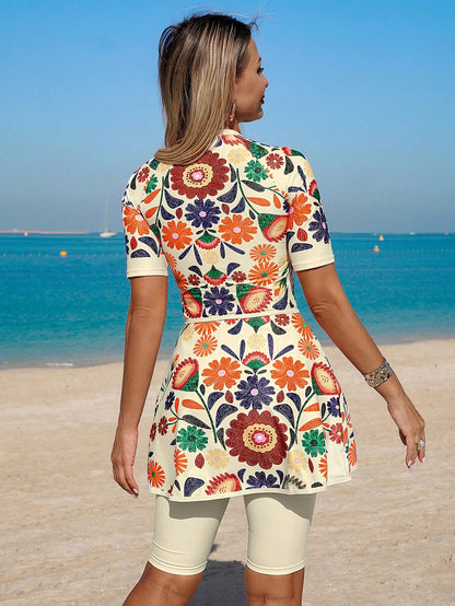 Swim Mulvari Women's Cream Summer Boho Flowy Beach Holiday Holiday Printed Round Neck Short Sleeve Top With Zipper,Bermuda Shorts And Mini Skirt 3-Piece Swimwear