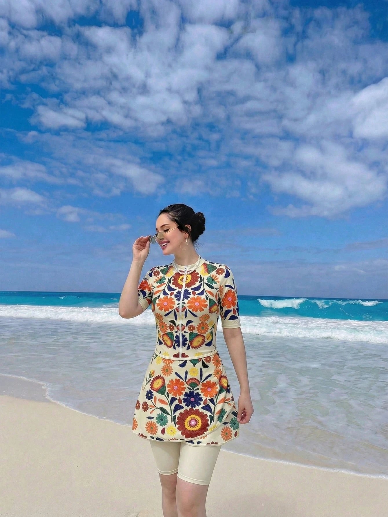 Swim Mulvari Women's Cream Summer Boho Flowy Beach Holiday Holiday Printed Round Neck Short Sleeve Top With Zipper,Bermuda Shorts And Mini Skirt 3-Piece Swimwear