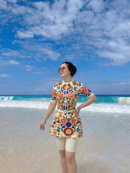 Swim Mulvari Women's Cream Summer Boho Flowy Beach Holiday Holiday Printed Round Neck Short Sleeve Top With Zipper,Bermuda Shorts And Mini Skirt 3-Piece Swimwear