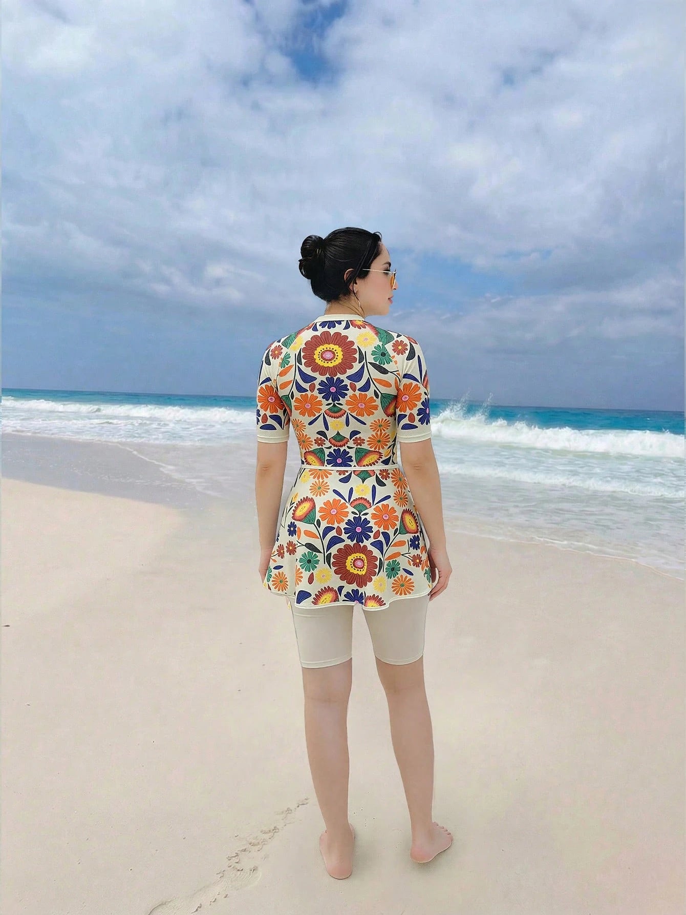 Swim Mulvari Women's Cream Summer Boho Flowy Beach Holiday Holiday Printed Round Neck Short Sleeve Top With Zipper,Bermuda Shorts And Mini Skirt 3-Piece Swimwear