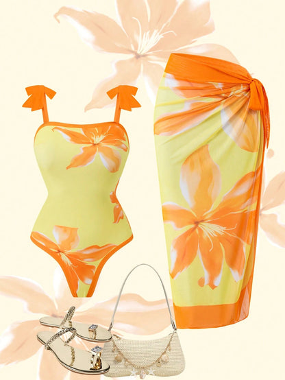 Swim Oasis 2026 New Spring/Summer Plus Size Women's Placement Print Tie-Up Maxi Dress, Elegant Beach Party Outfit