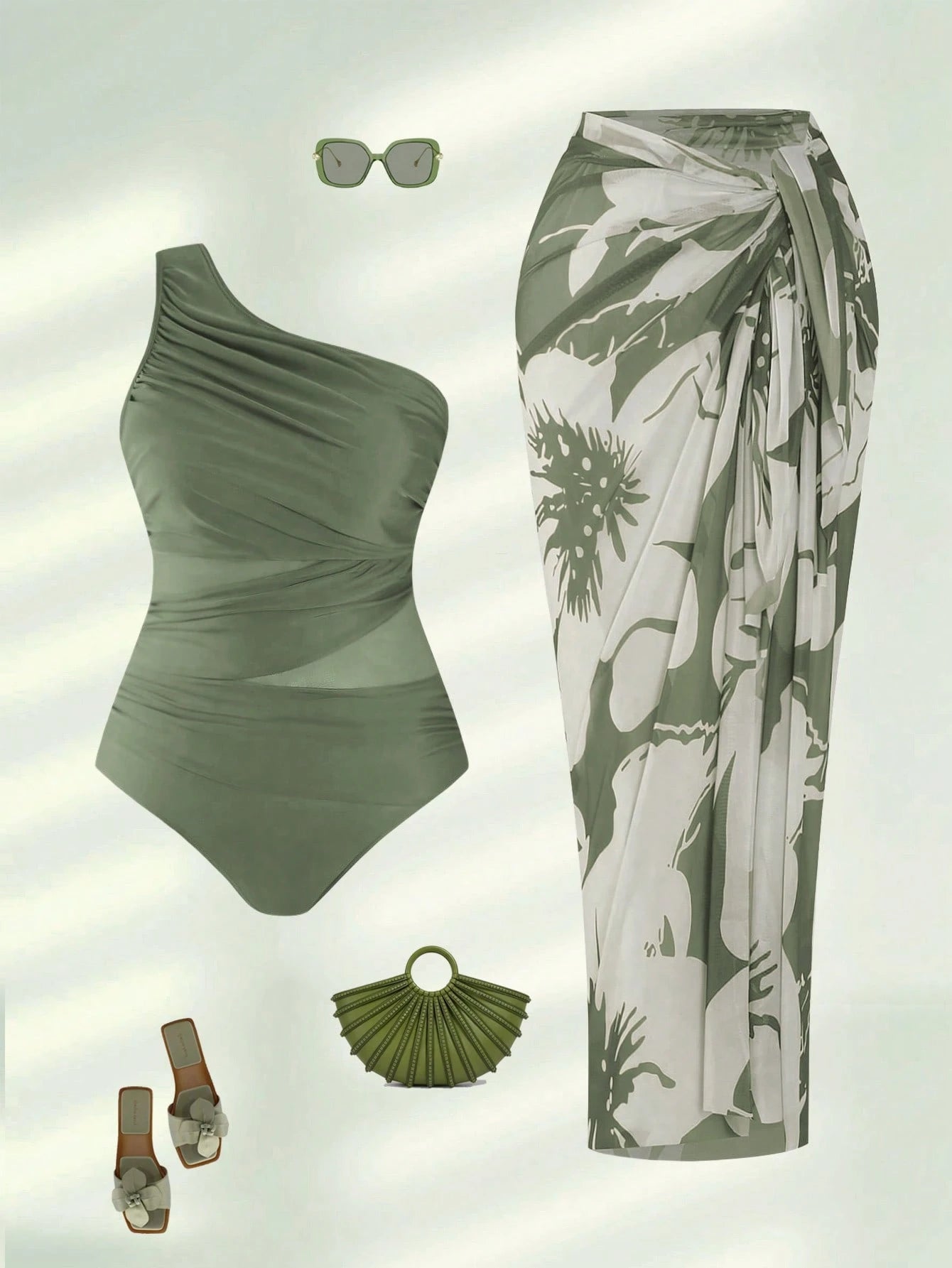 Swim Oasis 2026 Plus Size Women 2-Piece Green One Shoulder Ruched Mesh Patchwork One-Piece Swimsuit With Matching Print Skirt Set Beach Summer Elegant Sexy