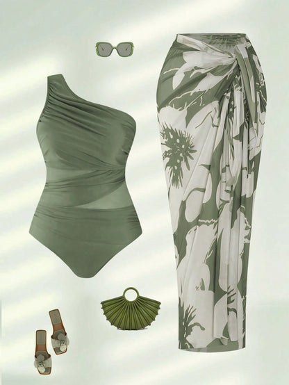 Swim Oasis 2026 Plus Size Women 2-Piece Green One Shoulder Ruched Mesh Patchwork One-Piece Swimsuit With Matching Print Skirt Set Beach Summer Elegant Sexy