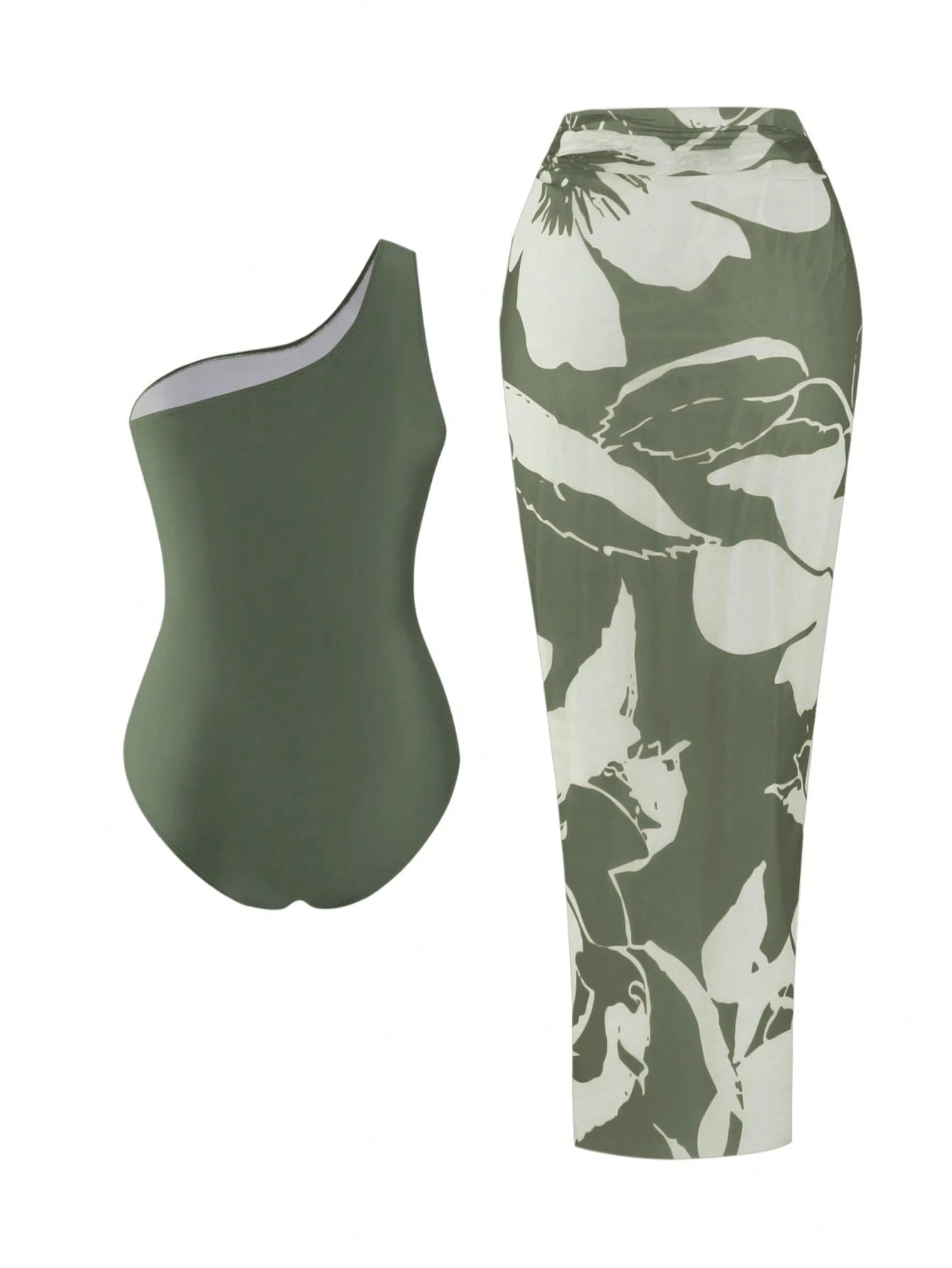 Swim Oasis 2026 Plus Size Women 2-Piece Green One Shoulder Ruched Mesh Patchwork One-Piece Swimsuit With Matching Print Skirt Set Beach Summer Elegant Sexy