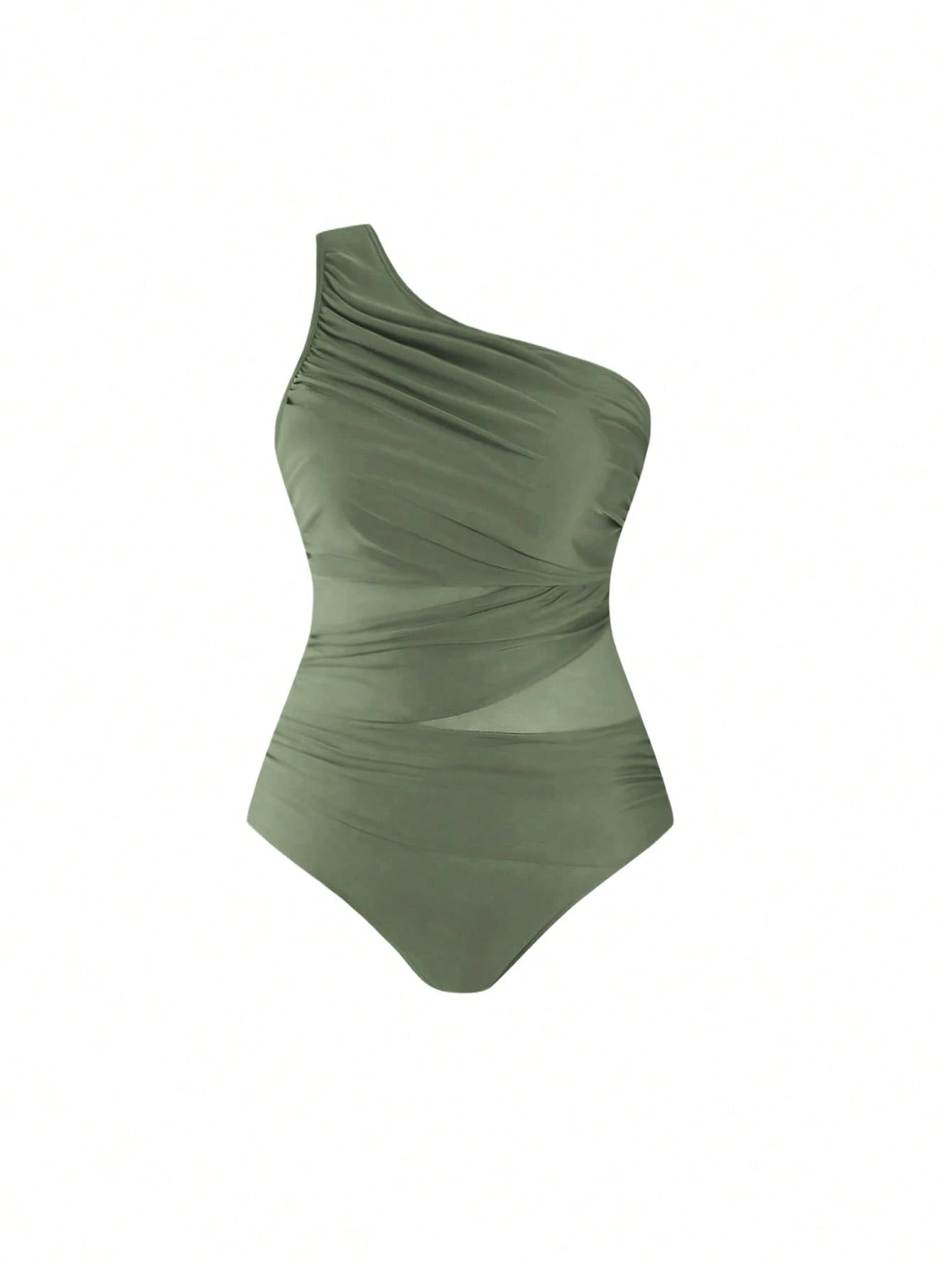 Swim Oasis 2026 Plus Size Women 2-Piece Green One Shoulder Ruched Mesh Patchwork One-Piece Swimsuit With Matching Print Skirt Set Beach Summer Elegant Sexy