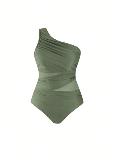Swim Oasis 2026 Plus Size Women 2-Piece Green One Shoulder Ruched Mesh Patchwork One-Piece Swimsuit With Matching Print Skirt Set Beach Summer Elegant Sexy