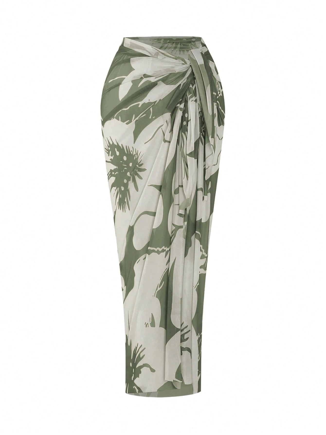 Swim Oasis 2026 Plus Size Women 2-Piece Green One Shoulder Ruched Mesh Patchwork One-Piece Swimsuit With Matching Print Skirt Set Beach Summer Elegant Sexy