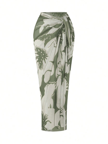 Swim Oasis 2026 Plus Size Women 2-Piece Green One Shoulder Ruched Mesh Patchwork One-Piece Swimsuit With Matching Print Skirt Set Beach Summer Elegant Sexy
