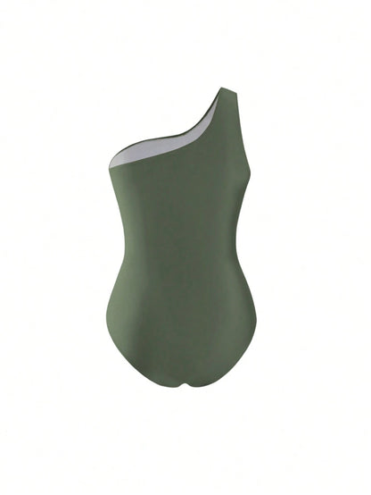 Swim Oasis 2026 Plus Size Women 2-Piece Green One Shoulder Ruched Mesh Patchwork One-Piece Swimsuit With Matching Print Skirt Set Beach Summer Elegant Sexy