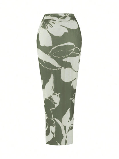 Swim Oasis 2026 Plus Size Women 2-Piece Green One Shoulder Ruched Mesh Patchwork One-Piece Swimsuit With Matching Print Skirt Set Beach Summer Elegant Sexy