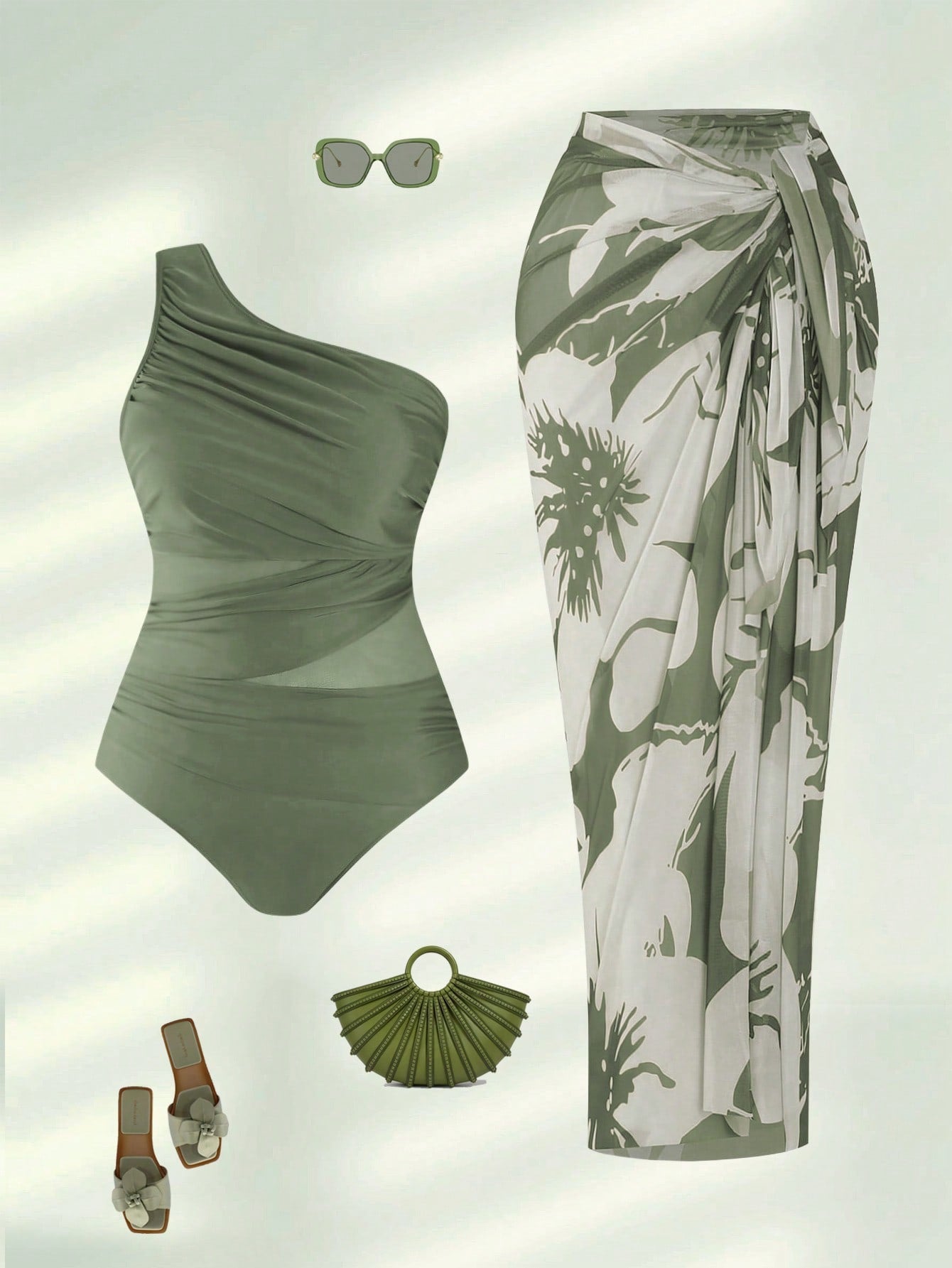 Swim Oasis 2026 Plus Size Women 2-Piece Green One Shoulder Ruched Mesh Patchwork One-Piece Swimsuit With Matching Print Skirt Set Beach Summer Elegant Sexy