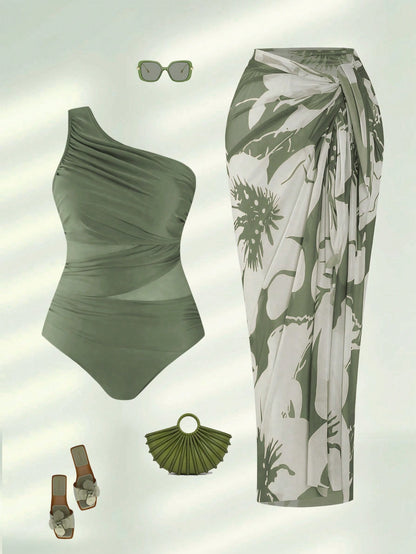 Swim Oasis 2026 Plus Size Women 2-Piece Green One Shoulder Ruched Mesh Patchwork One-Piece Swimsuit With Matching Print Skirt Set Beach Summer Elegant Sexy