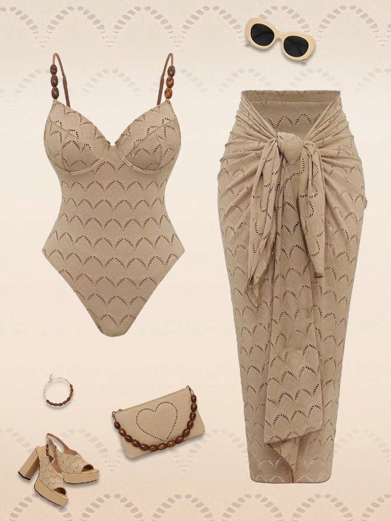 Swim Oasis 2pcs/Set Summer Vacation Sexy Backless Spaghetti Strap Women One-Piece Swimsuit & Sarong Maxi Skirt