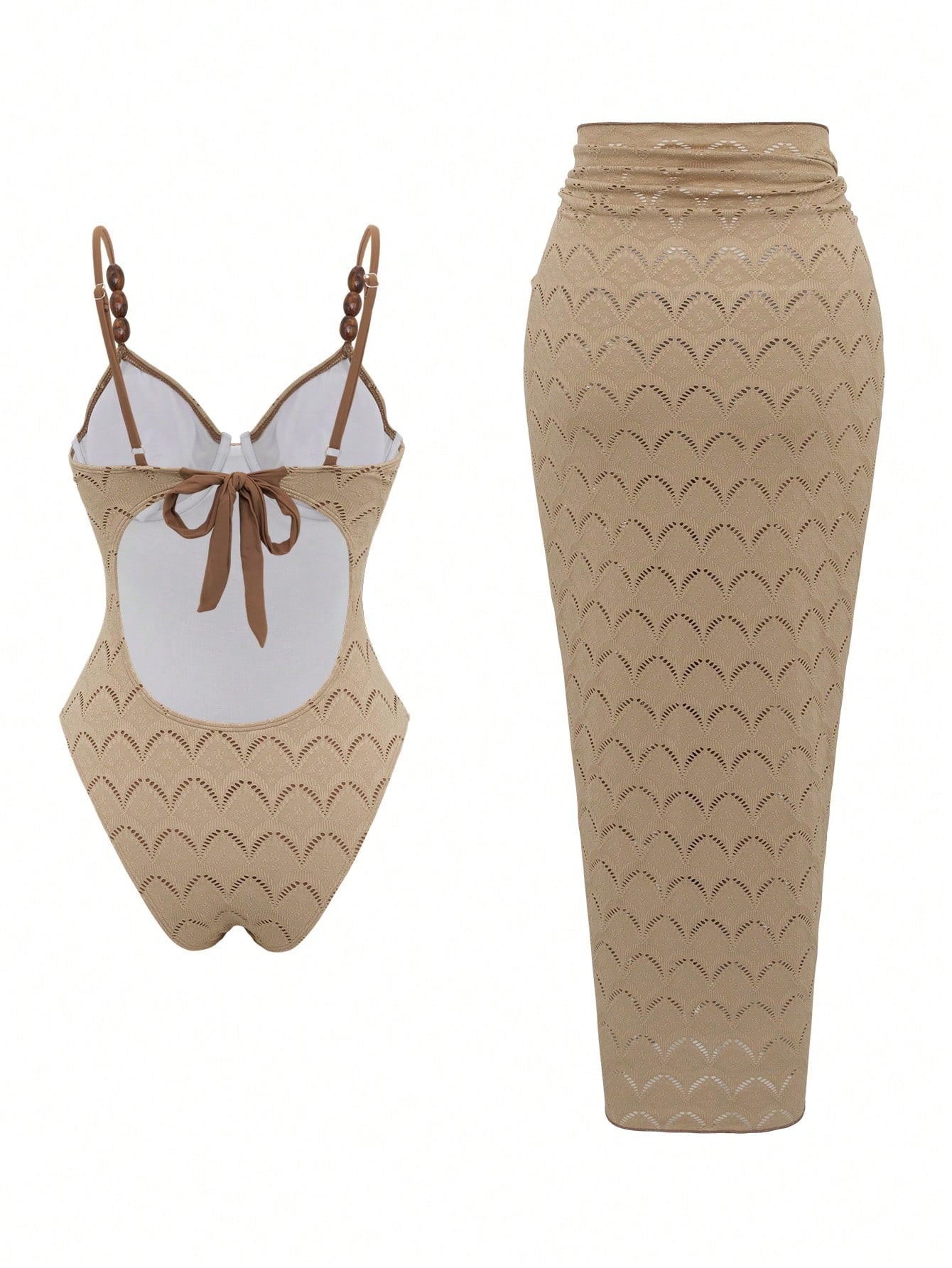 Swim Oasis 2pcs/Set Summer Vacation Sexy Backless Spaghetti Strap Women One-Piece Swimsuit & Sarong Maxi Skirt