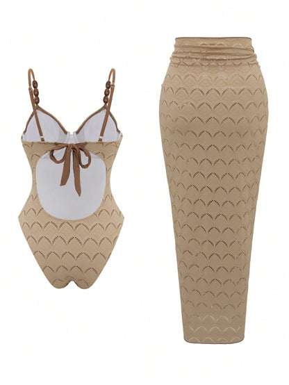 Swim Oasis 2pcs/Set Summer Vacation Sexy Backless Spaghetti Strap Women One-Piece Swimsuit & Sarong Maxi Skirt