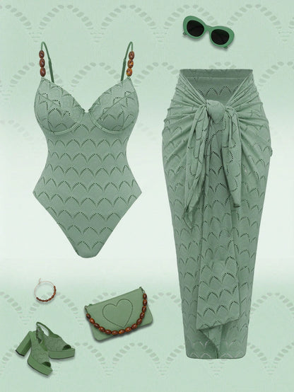 Swim Oasis 2pcs/Set Summer Vacation Sexy Backless Spaghetti Strap Women One-Piece Swimsuit & Sarong Maxi Skirt