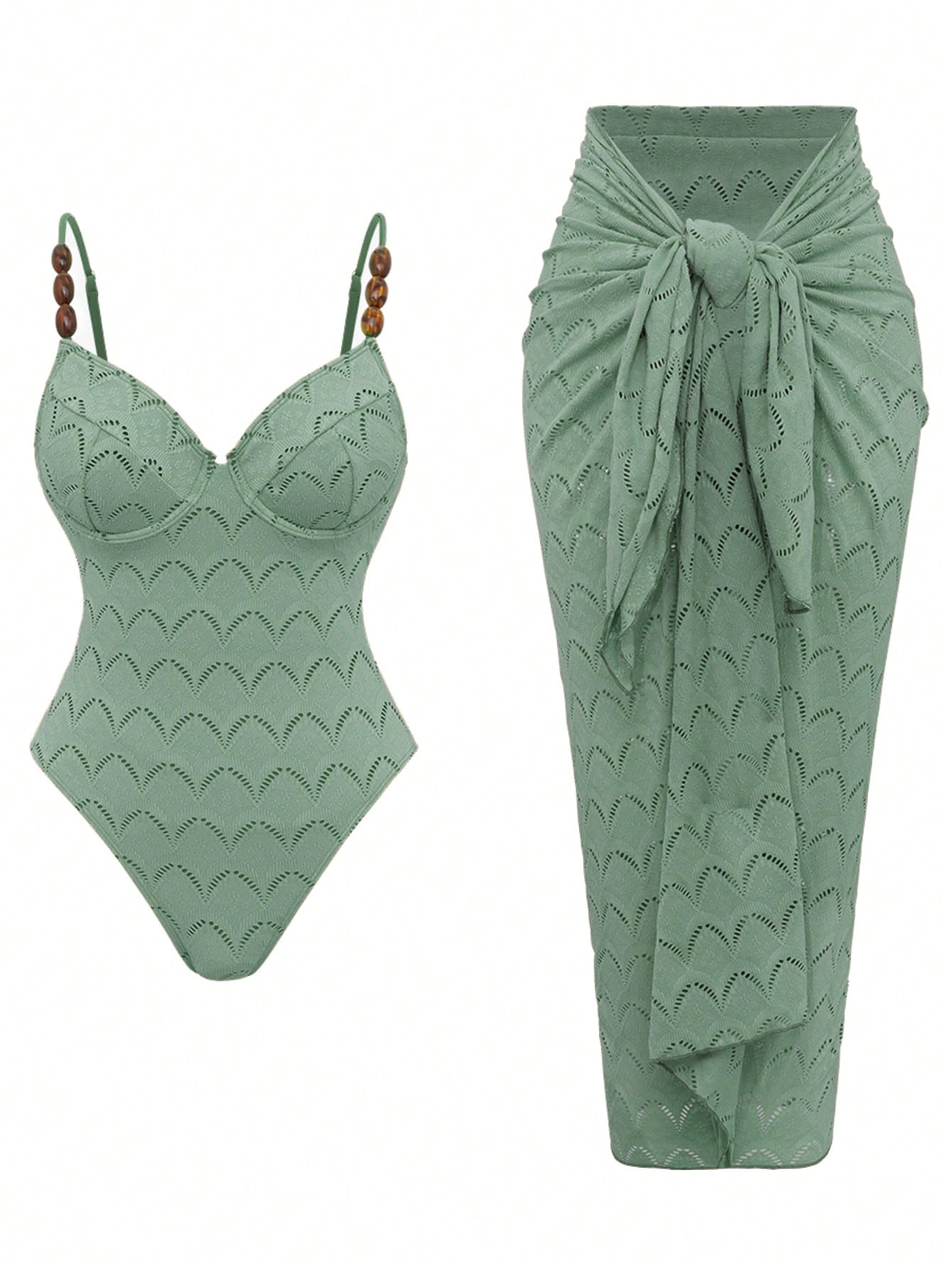 Swim Oasis 2pcs/Set Summer Vacation Sexy Backless Spaghetti Strap Women One-Piece Swimsuit & Sarong Maxi Skirt