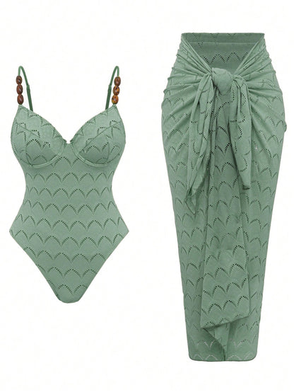 Swim Oasis 2pcs/Set Summer Vacation Sexy Backless Spaghetti Strap Women One-Piece Swimsuit & Sarong Maxi Skirt