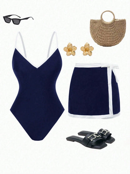 Swim Oasis 2pcs Standard Women Navy Adjustable Strap One-Piece Swimsuit & Beachwear Set For Summer Beach Vacation