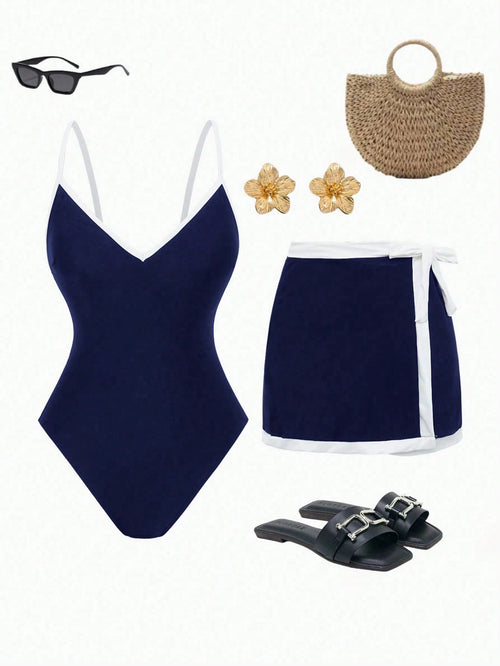 Swim Oasis 2pcs Standard Women Navy Adjustable Strap One-Piece Swimsuit & Beachwear Set For Summer Beach Vacation