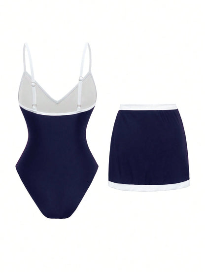 Swim Oasis 2pcs Standard Women Navy Adjustable Strap One-Piece Swimsuit & Beachwear Set For Summer Beach Vacation