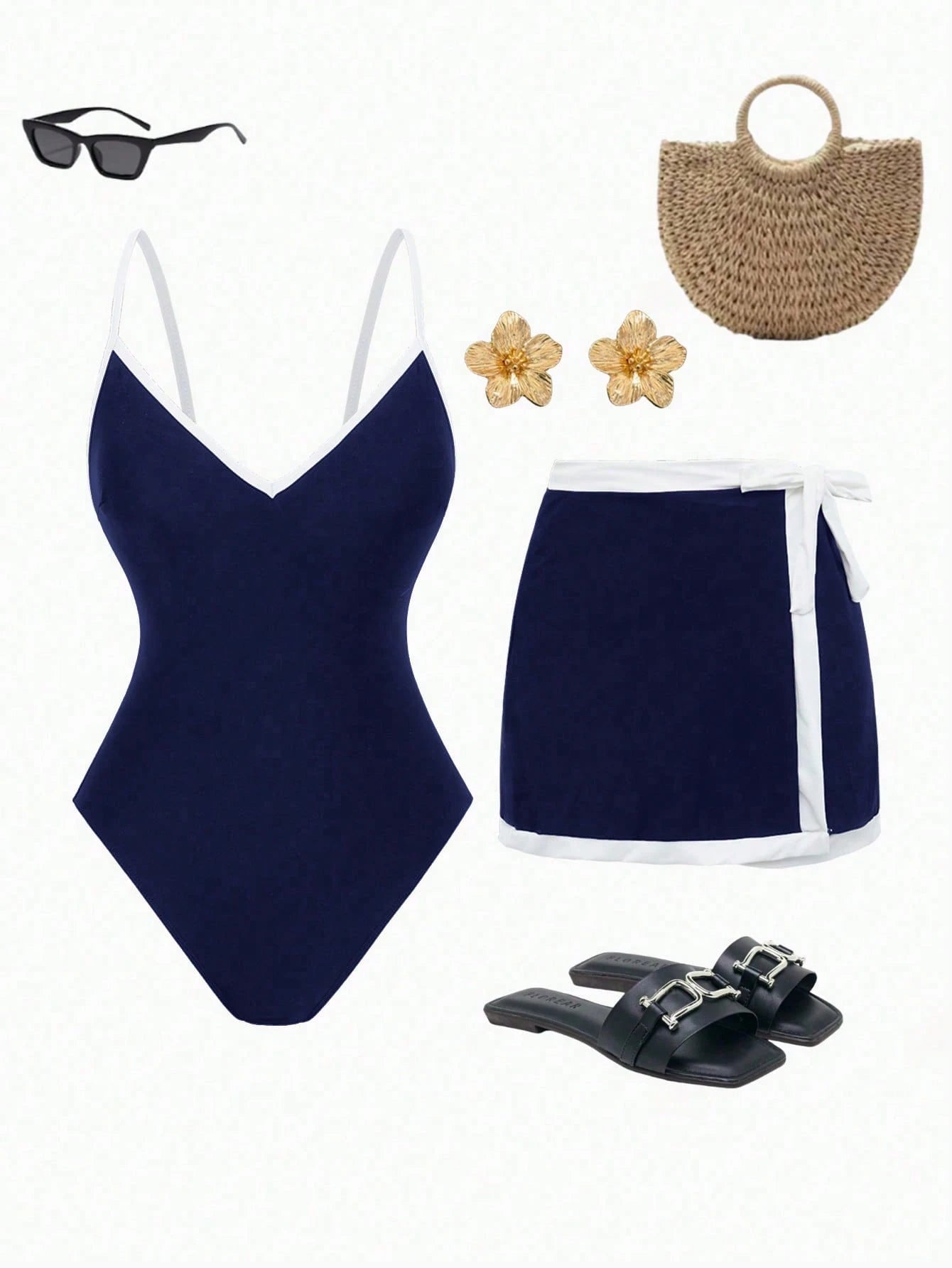 Swim Oasis 2pcs Standard Women Navy Adjustable Strap One-Piece Swimsuit & Beachwear Set For Summer Beach Vacation