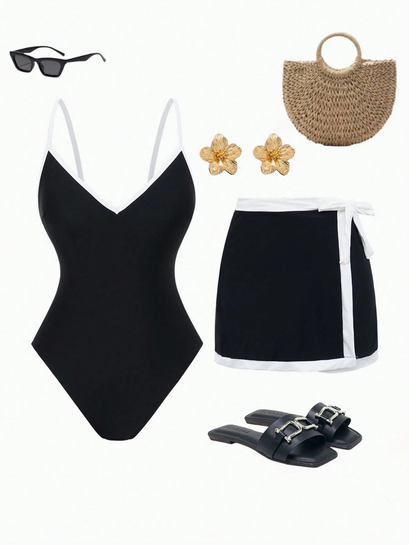Swim Oasis 2pcs Standard Women Navy Adjustable Strap One-Piece Swimsuit & Beachwear Set For Summer Beach Vacation