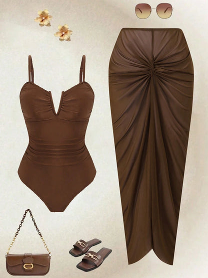 Swim Oasis Plus Size Brown Adjustable Spaghetti Strap V-Neck Ruched Waist Twist Knot Long Maxi Skirt Elegant Casual Beach Holiday Summer One-Piece Swimsuit Women