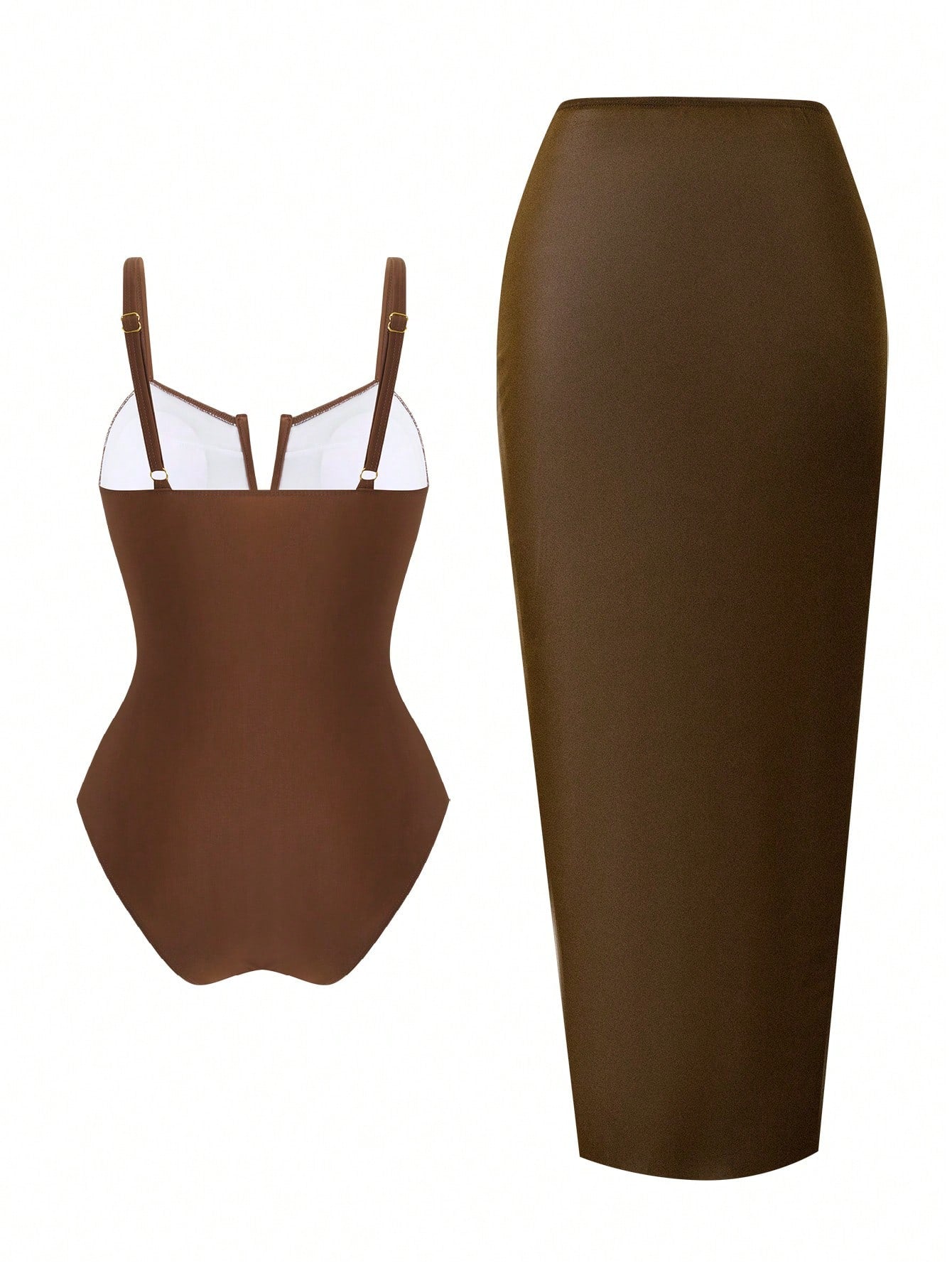 Swim Oasis Plus Size Brown Adjustable Spaghetti Strap V-Neck Ruched Waist Twist Knot Long Maxi Skirt Elegant Casual Beach Holiday Summer One-Piece Swimsuit Women
