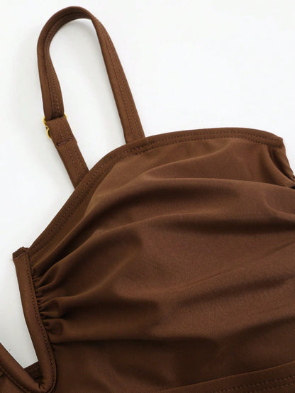 Swim Oasis Plus Size Brown Adjustable Spaghetti Strap V-Neck Ruched Waist Twist Knot Long Maxi Skirt Elegant Casual Beach Holiday Summer One-Piece Swimsuit Women