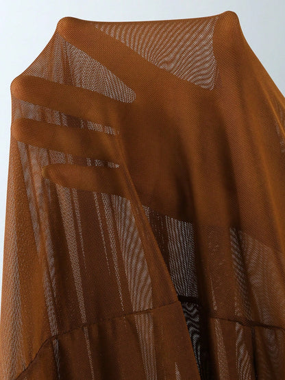 Swim Oasis Plus Size Brown Adjustable Spaghetti Strap V-Neck Ruched Waist Twist Knot Long Maxi Skirt Elegant Casual Beach Holiday Summer One-Piece Swimsuit Women