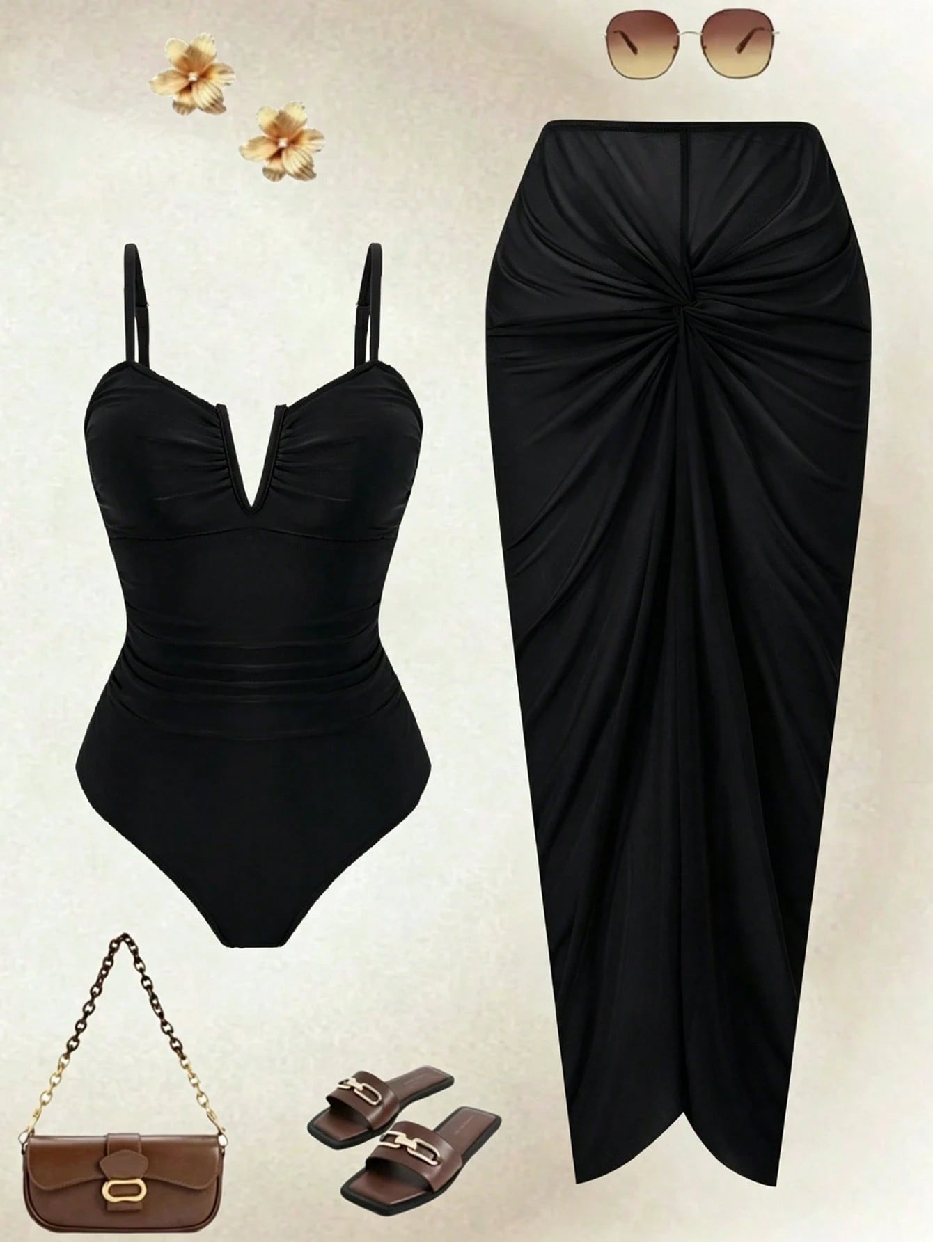 Swim Oasis Plus Size Brown Adjustable Spaghetti Strap V-Neck Ruched Waist Twist Knot Long Maxi Skirt Elegant Casual Beach Holiday Summer One-Piece Swimsuit Women