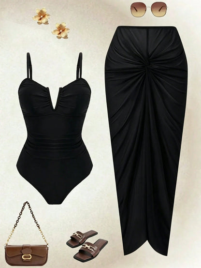 Swim Oasis Plus Size Brown Adjustable Spaghetti Strap V-Neck Ruched Waist Twist Knot Long Maxi Skirt Elegant Casual Beach Holiday Summer One-Piece Swimsuit Women