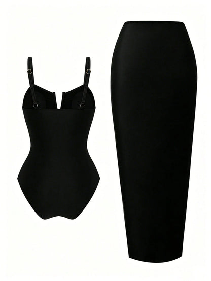 Swim Oasis Plus Size Brown Adjustable Spaghetti Strap V-Neck Ruched Waist Twist Knot Long Maxi Skirt Elegant Casual Beach Holiday Summer One-Piece Swimsuit Women