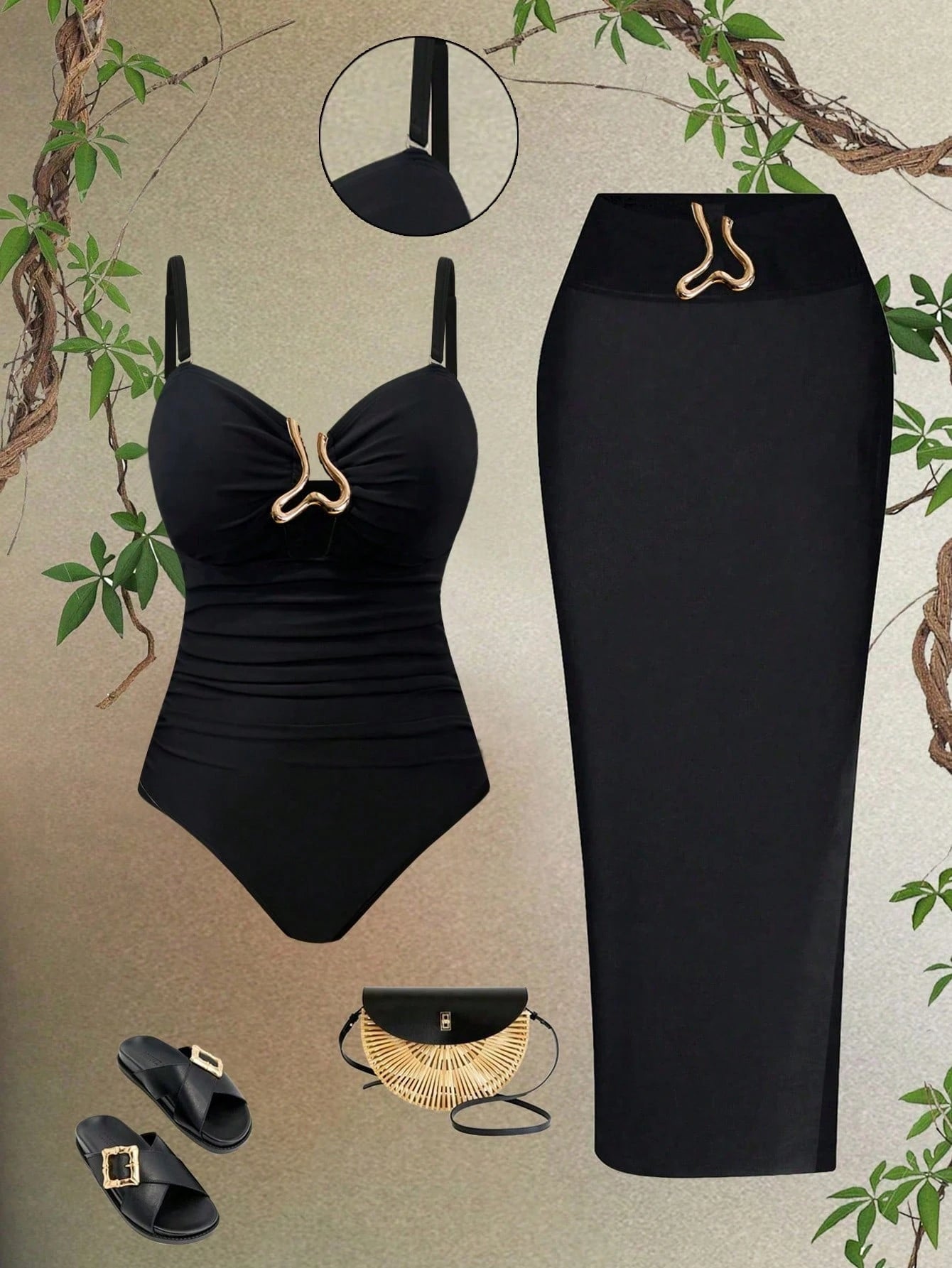 Swim Oasis Plus Size Women 2pcs Black Oasis Hollow Out Padded Bandeau Spaghetti Strap Swimsuit Set,Mesh Cover-Up Skirt,Summer Beach Holiday Classy Mal Evening
