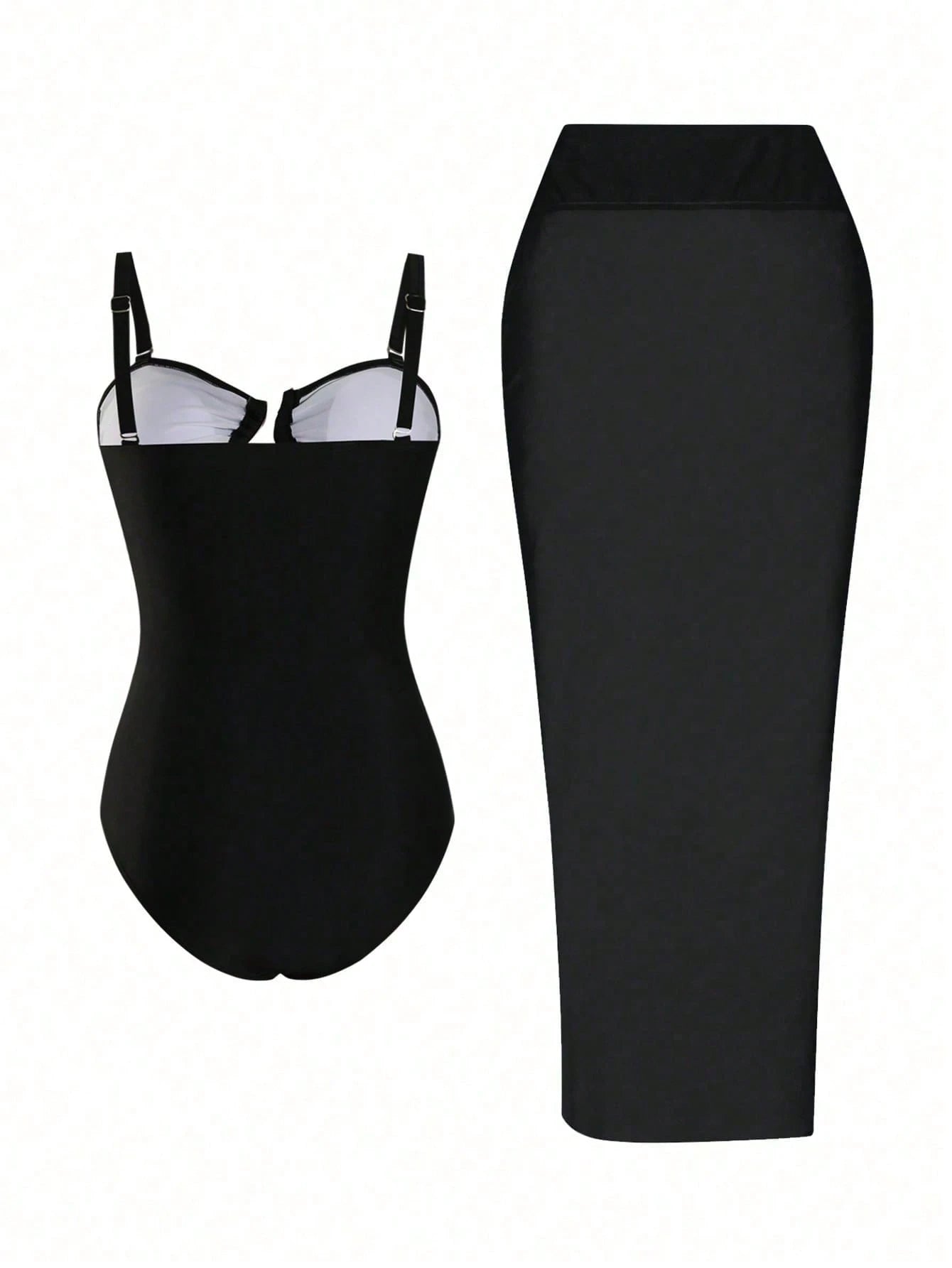 Swim Oasis Plus Size Women 2pcs Black Oasis Hollow Out Padded Bandeau Spaghetti Strap Swimsuit Set,Mesh Cover-Up Skirt,Summer Beach Holiday Classy Mal Evening