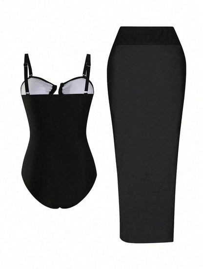 Swim Oasis Plus Size Women 2pcs Black Oasis Hollow Out Padded Bandeau Spaghetti Strap Swimsuit Set,Mesh Cover-Up Skirt,Summer Beach Holiday Classy Mal Evening