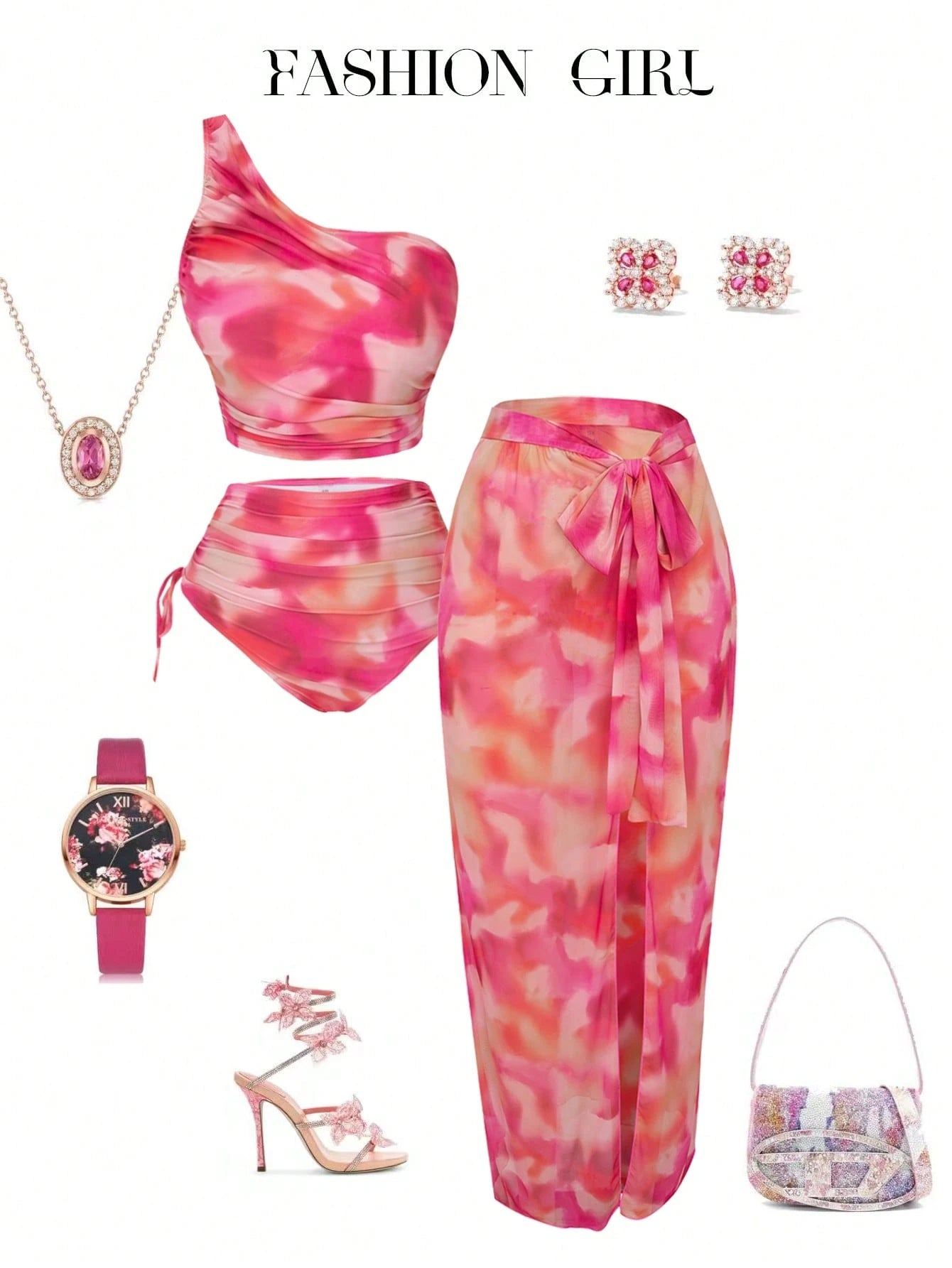 Swim Oasis Plus Size Women's 3-Piece Floral Print Bikini Set With Sarong,Cerise Pink Asymmetrical Shoulder Beach Outfit For Summer,Beach,Vacation,Holiday
