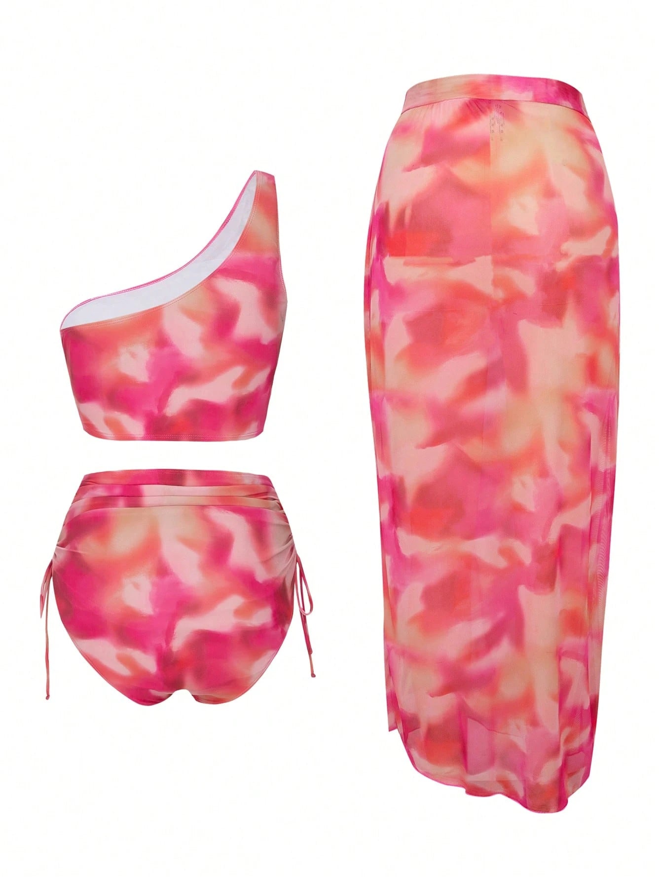 Swim Oasis Plus Size Women's 3-Piece Floral Print Bikini Set With Sarong,Cerise Pink Asymmetrical Shoulder Beach Outfit For Summer,Beach,Vacation,Holiday
