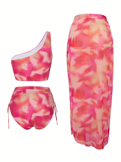 Swim Oasis Plus Size Women's 3-Piece Floral Print Bikini Set With Sarong,Cerise Pink Asymmetrical Shoulder Beach Outfit For Summer,Beach,Vacation,Holiday