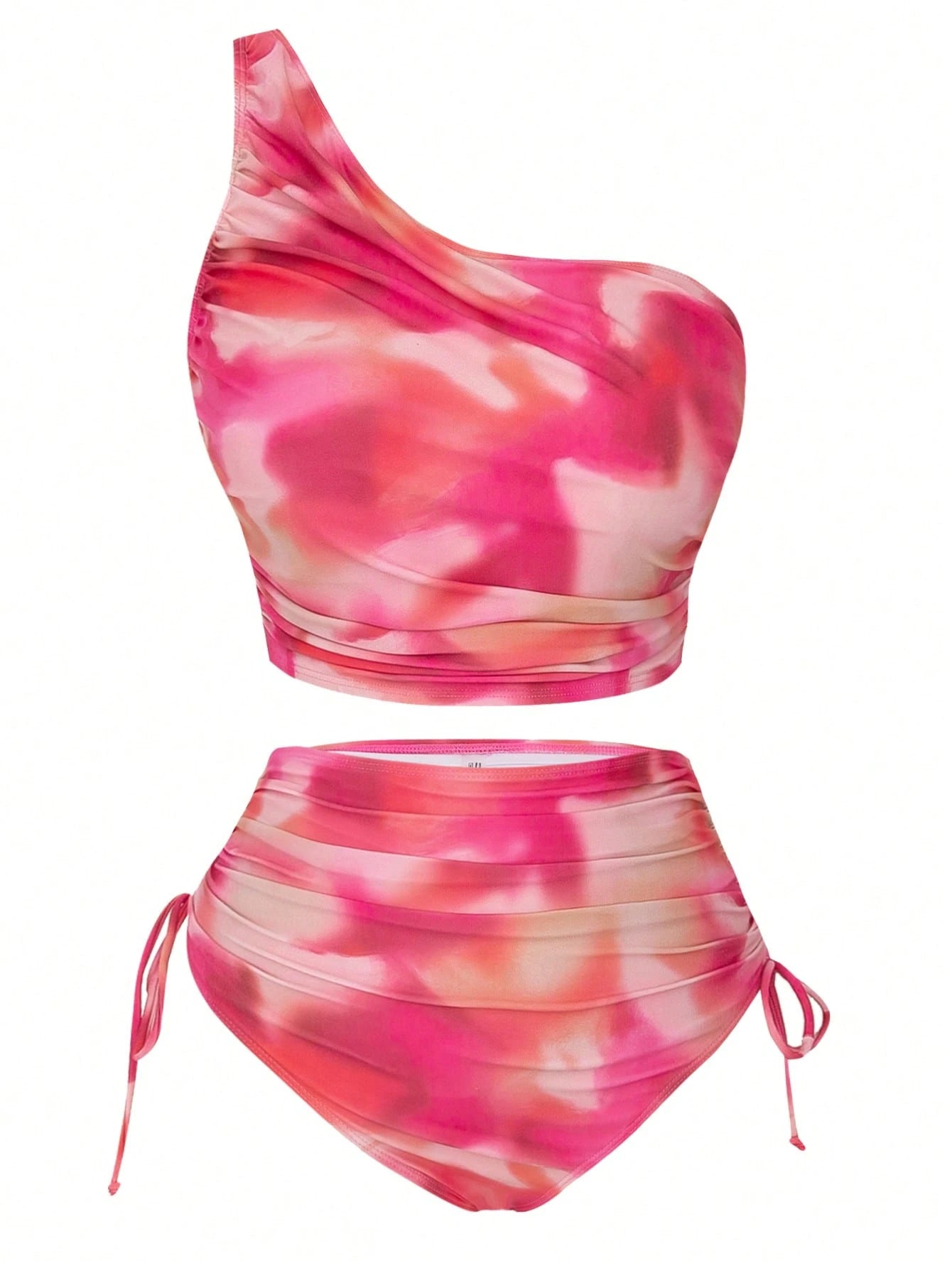 Swim Oasis Plus Size Women's 3-Piece Floral Print Bikini Set With Sarong,Cerise Pink Asymmetrical Shoulder Beach Outfit For Summer,Beach,Vacation,Holiday