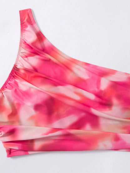 Swim Oasis Plus Size Women's 3-Piece Floral Print Bikini Set With Sarong,Cerise Pink Asymmetrical Shoulder Beach Outfit For Summer,Beach,Vacation,Holiday